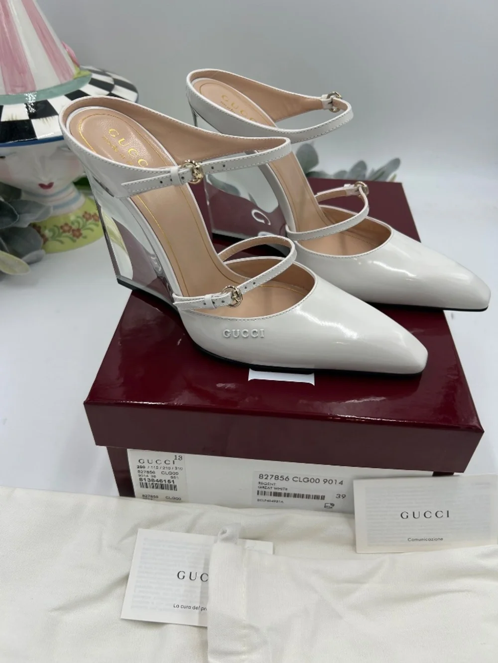 Women’s Gucci Christy Regent White Patent Leather Wedge Mules. Size 9.